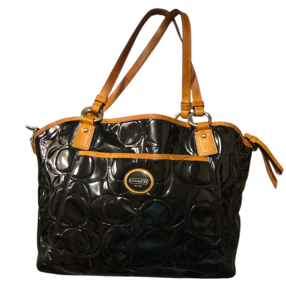 Coach Black Patent Leather Shoulder Tote with Tan Trim